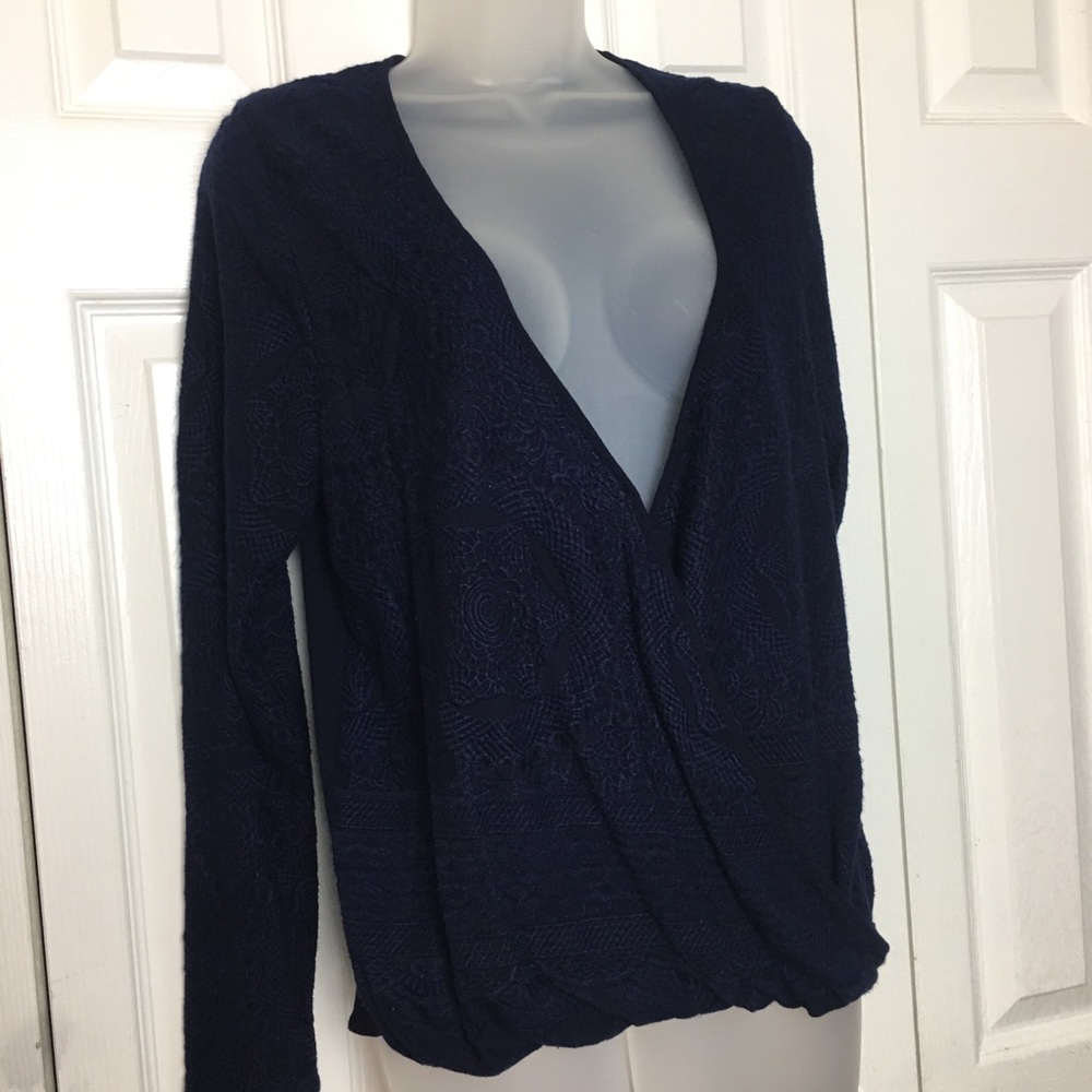 Flowers of Romance Embroidered Navy Faux Wrap Top